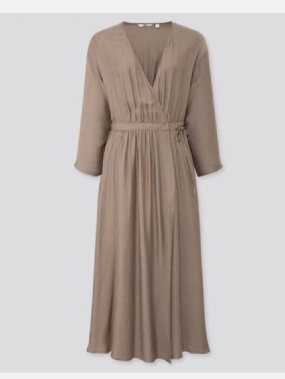 Uniqlo Taupe Wrap Midi Dress with Waist Tie - Picture 4 of 9